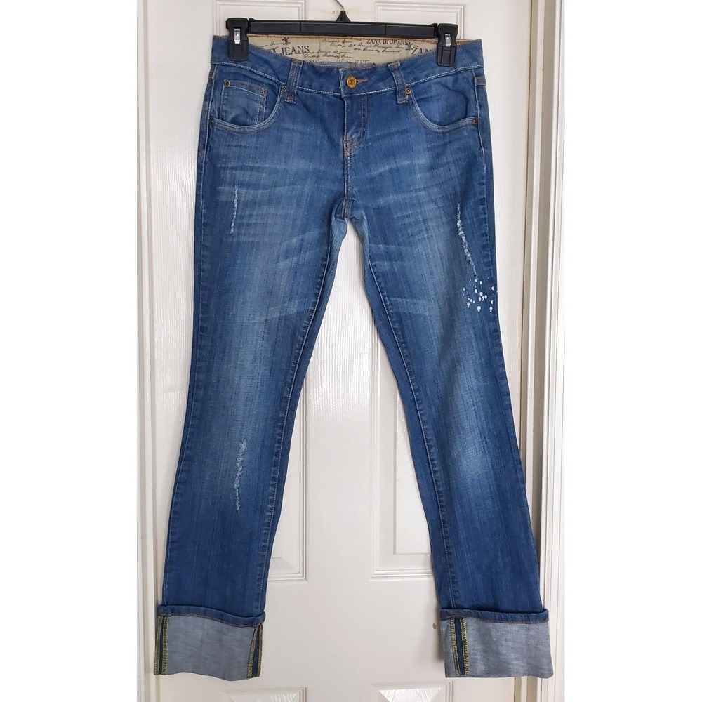 Zana Di Jeans Straight Leg Blue Distressed Embroidered Cuffed Y2K Denim 9